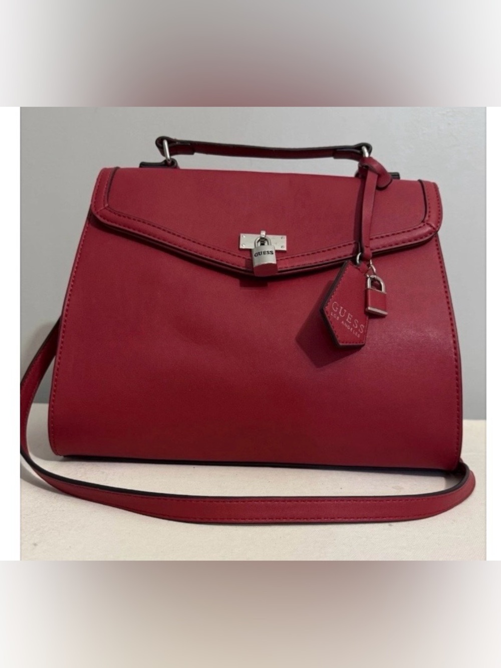 GUESS Kravitz Red Structured Top-Handle Satchel Crossbody Bag with Charm
